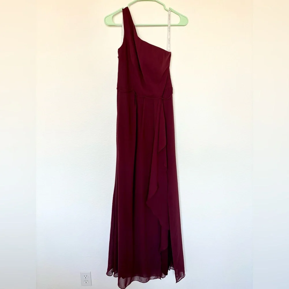 David's Bridal Wine Chiffon One-Shoulder Dress with Cascade Size 10 Formal - Picture 2 of 9